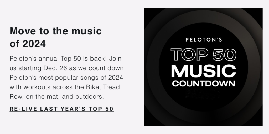 Peloton workouts to watch email highlighting Top 50 Music Countdown classes. 